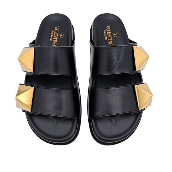 Valentino Garavani One Stud Flat Slide Sandal Black Leather Size 37.5 US 7.5 - Picture 2 of 10